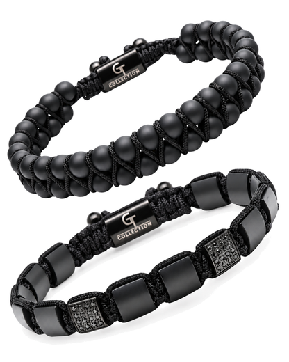 Black onyx bead bracelets set with macrame cuffs and metal clasp, 2-piece