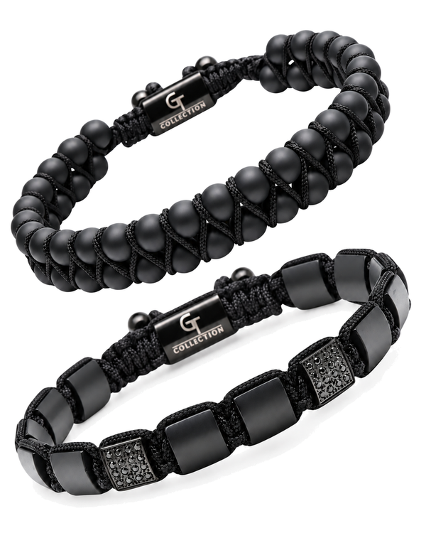 Black onyx bead bracelets set with macrame cuffs and metal clasp, 2-piece