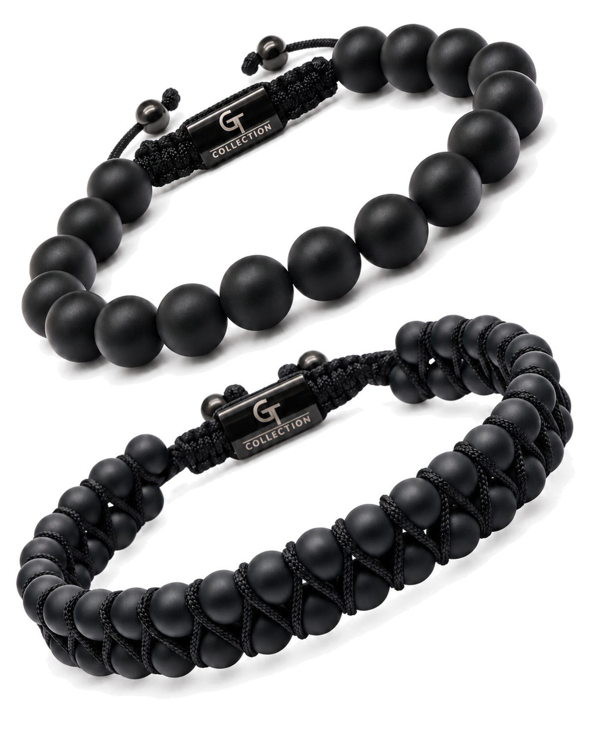 Two black bead bracelets, elastic stretch with small logo tag detail