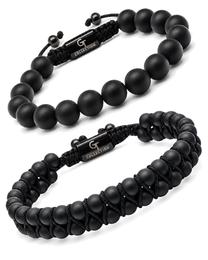 Two black bead bracelets, elastic stretch with small logo tag detail