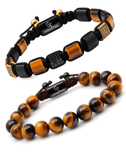 Tiger eye bracelet set: black cord band with tiger eye accents and beaded tiger eye strand