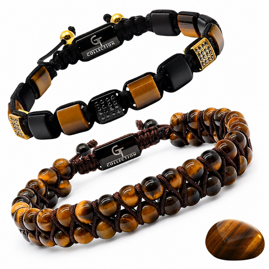 2-TEILIGES SET – TIGERAUGE-Doppelperlen- und Flachperlen-Armband
