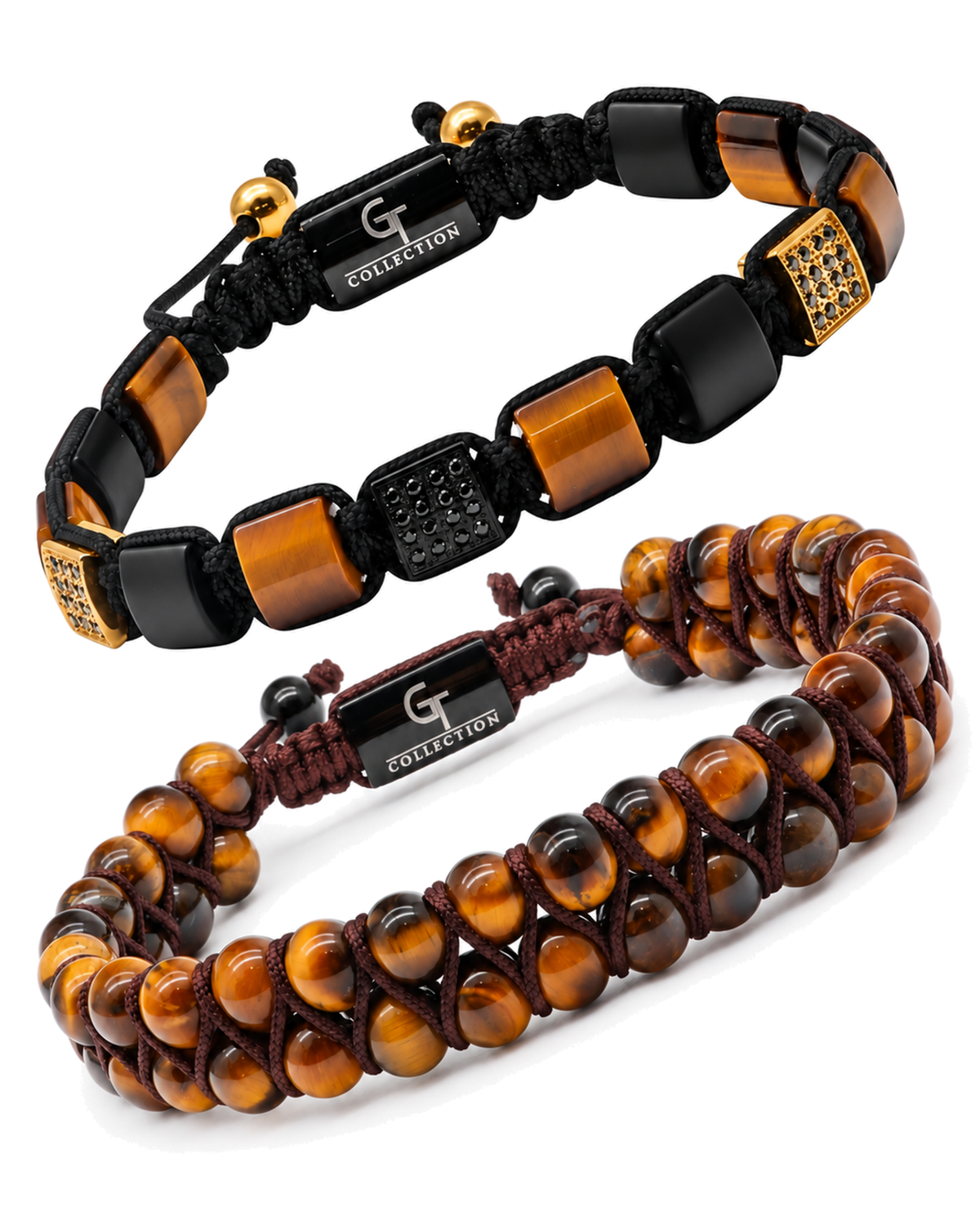 Tiger eye bracelet stack: black braided beads with gold accents and brown round bead bracelet