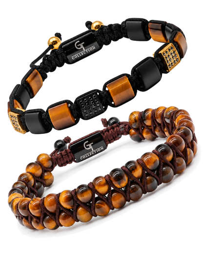 Tiger eye bracelet stack: black braided beads with gold accents and brown round bead bracelet