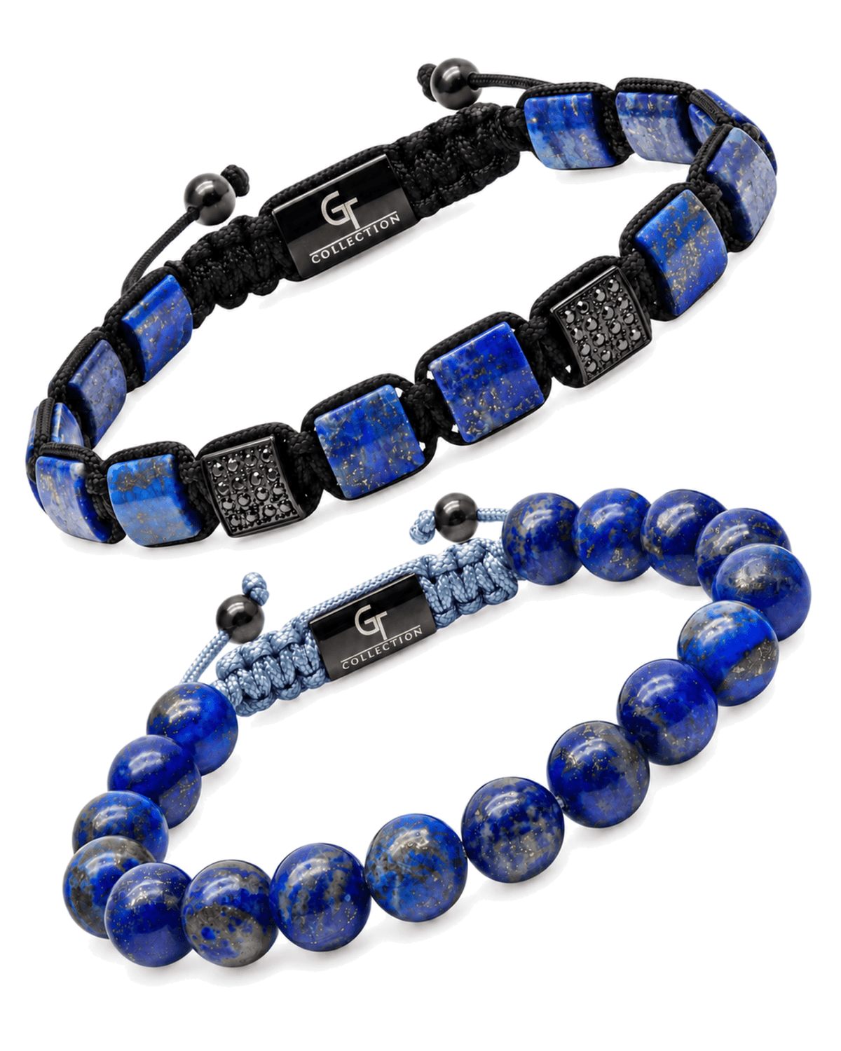 Lapis lazuli bead bracelet set: square-stone spacer braided cord and round bead bracelet Imagen principal del producto