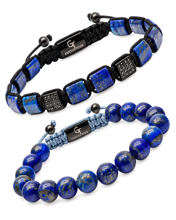 Lapis lazuli bead bracelet set: square-stone spacer braided cord and round bead bracelet