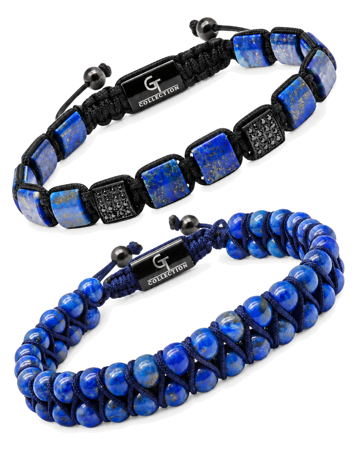 Lapis lazuli beaded bracelet set, blue beads with black braided and spacer details Main image