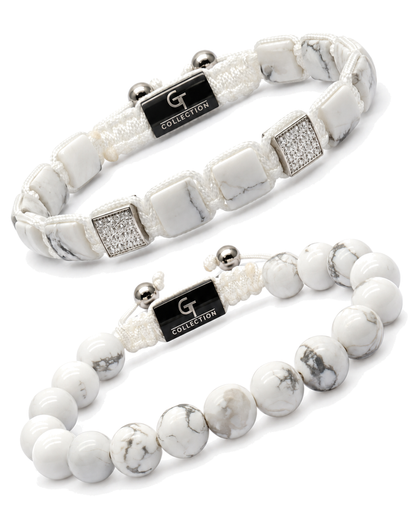 Calm Stack white howlite bracelets set of two with square and round beads, silver clasps