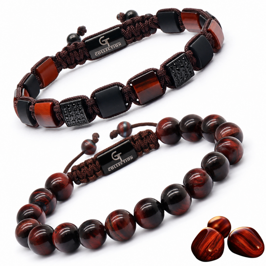 2-TEILIGES SET – ROTES TIGERAUGE-Einzelperlen- und Flachperlen-Armband
