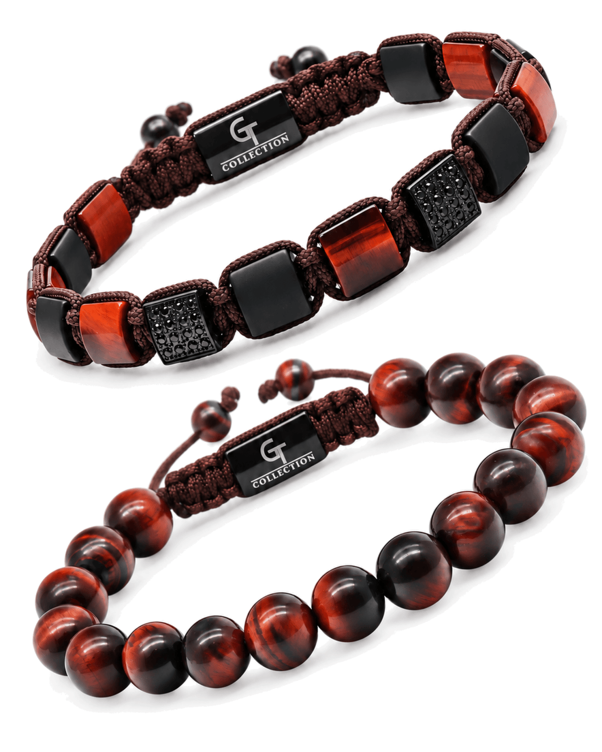 Red tiger eye beaded bracelets with black woven cord and square accents, 2-pack Imagen principal del producto