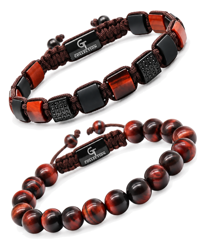 Red tiger eye beaded bracelets with black woven cord and square accents, 2-pack