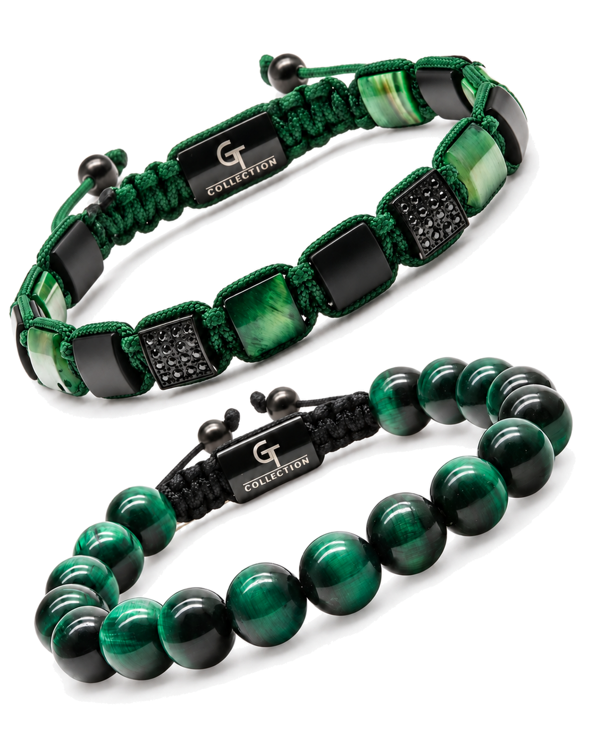Stack of green tiger eye bracelets with braided cord and bead accents Main image