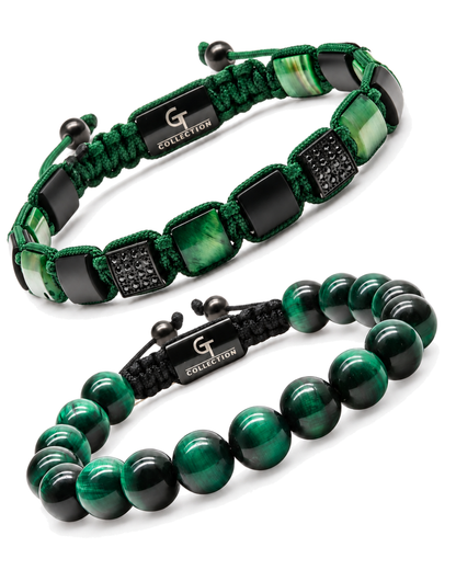 Stack of green tiger eye bracelets with braided cord and bead accents
