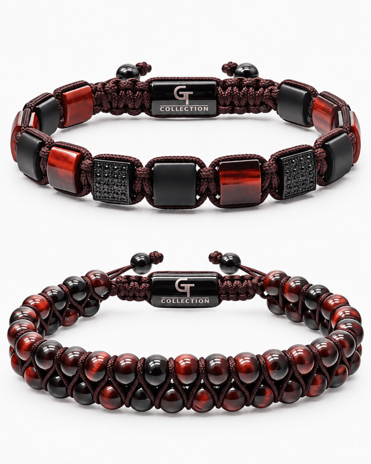 Two beaded bracelets with red/orange stones and black accents, flat lay Główne zdjęcie produktu