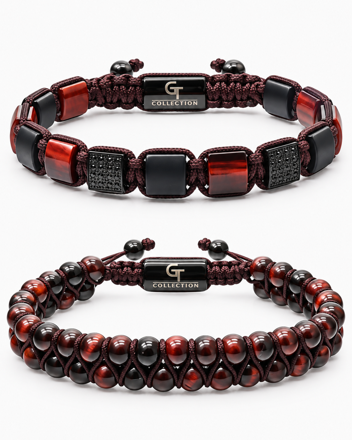 Two beaded bracelets with red/orange stones and black accents, flat lay
