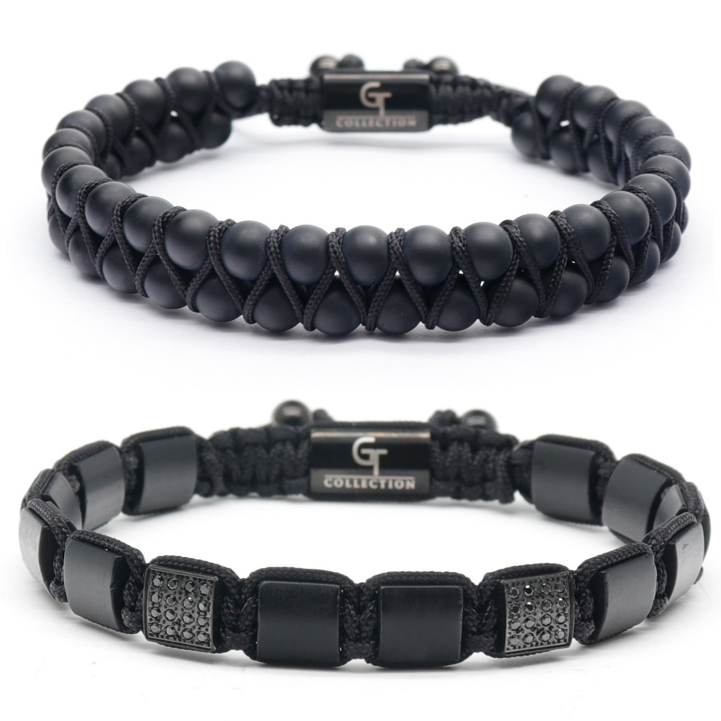 ENSEMBLE 2 PIÈCES - Bracelet double perle et bracelet plat en ONYX NOIR