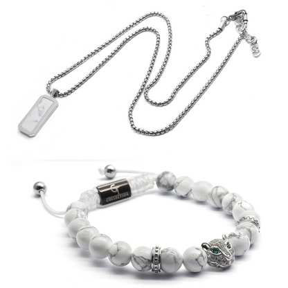 2 PIECE SET - Silver Necklace with HOWLITE & LEOPARD Bracelet