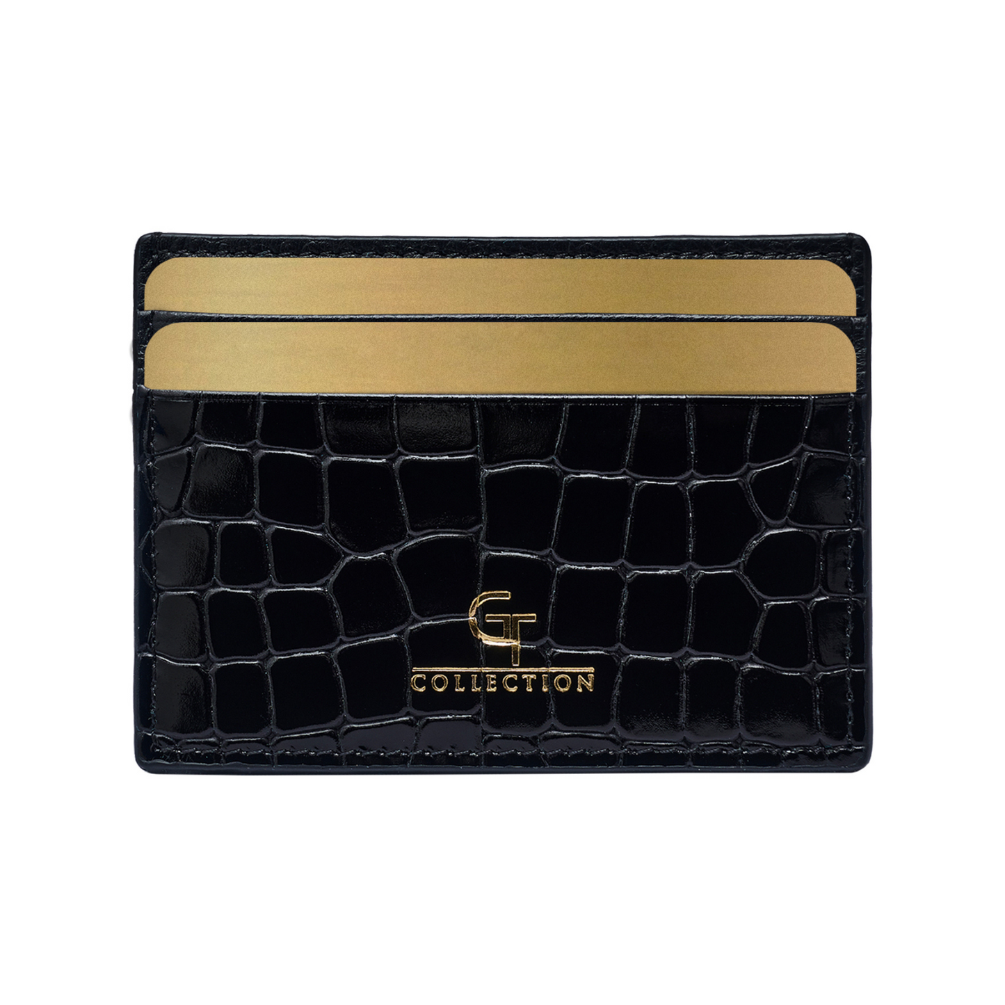 Porte-cartes homme brillant imprimé croco - Cuir véritable noir