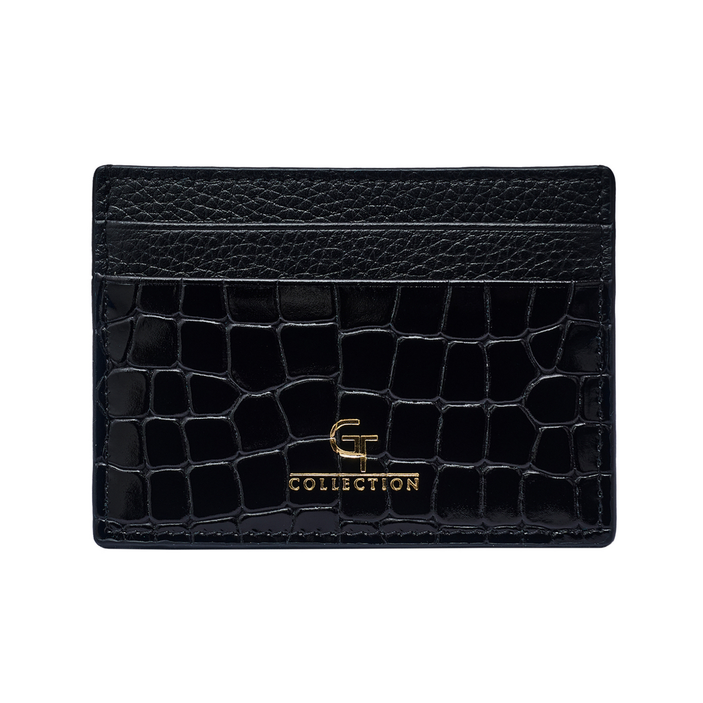 Porte-cartes homme brillant imprimé croco - Cuir véritable noir