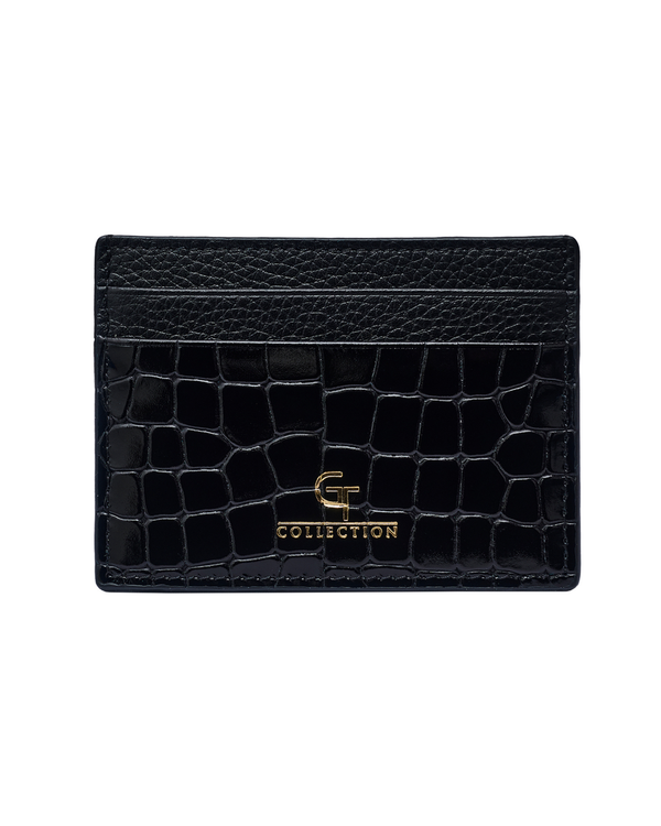 Black croc-embossed leather card holder with gold G COLLECTION logo on front