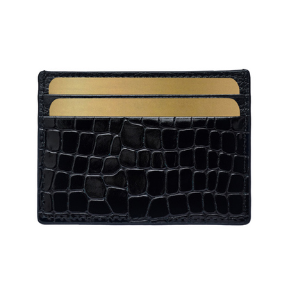 Porte-cartes homme brillant imprimé croco - Cuir véritable noir