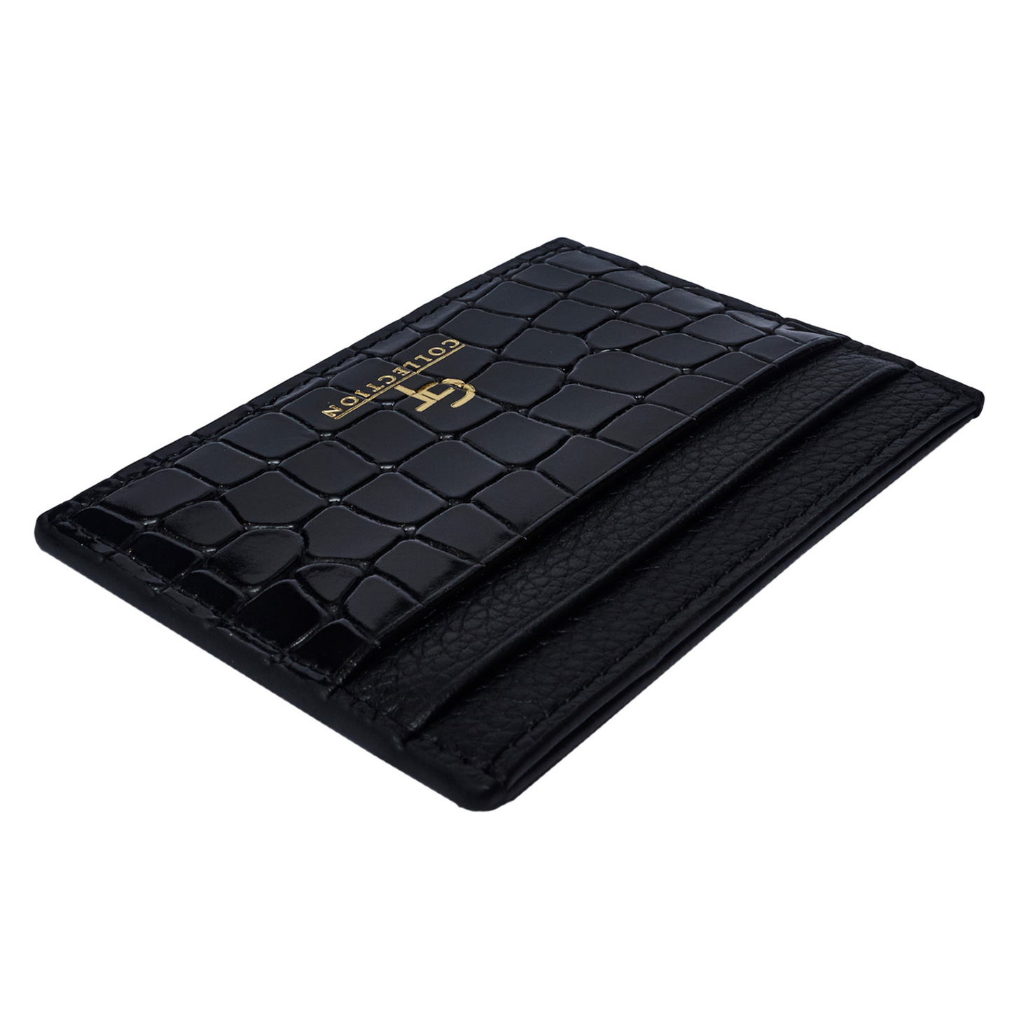 Porte-cartes homme brillant imprimé croco - Cuir véritable noir