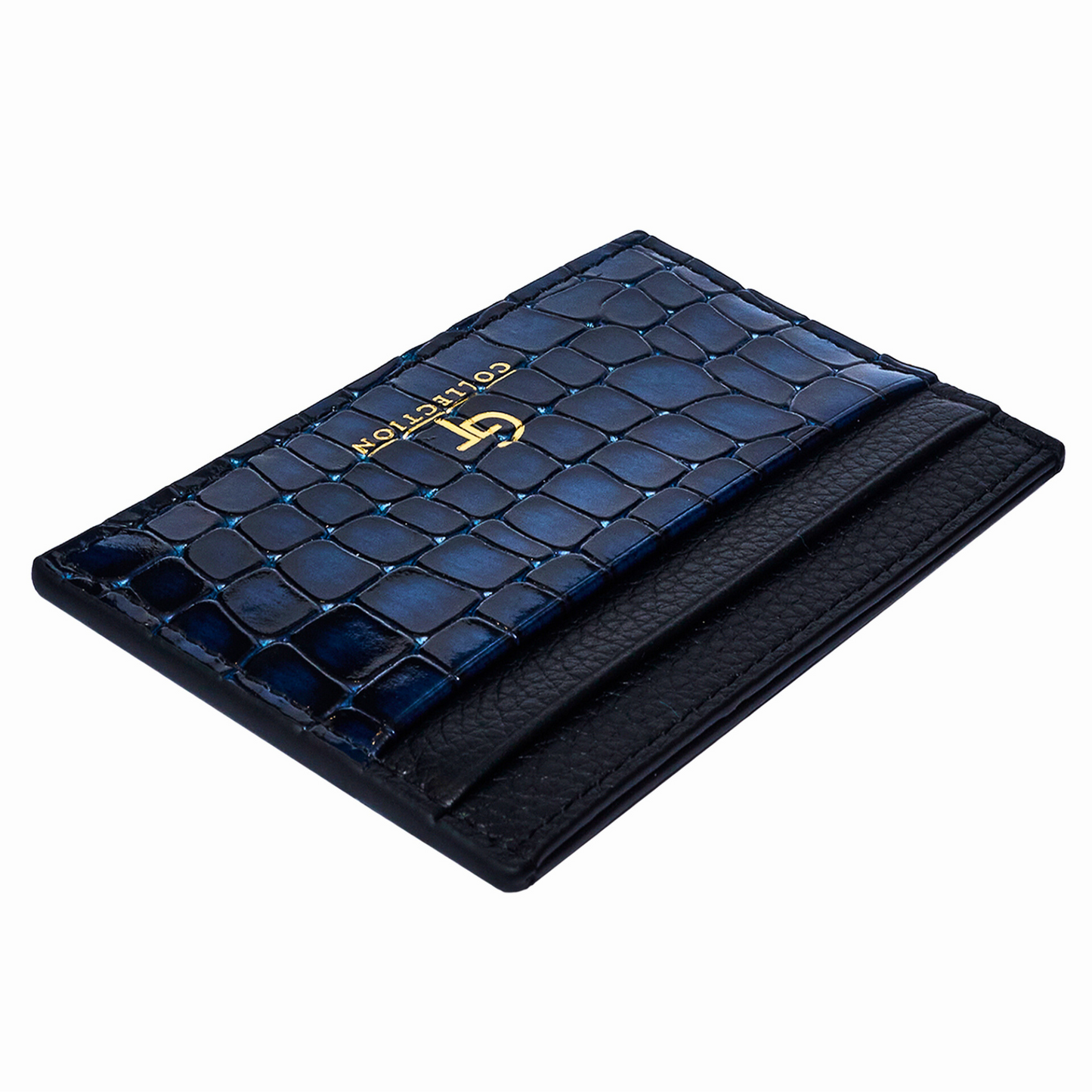 Porte-cartes homme brillant imprimé croco - Cuir véritable bleu