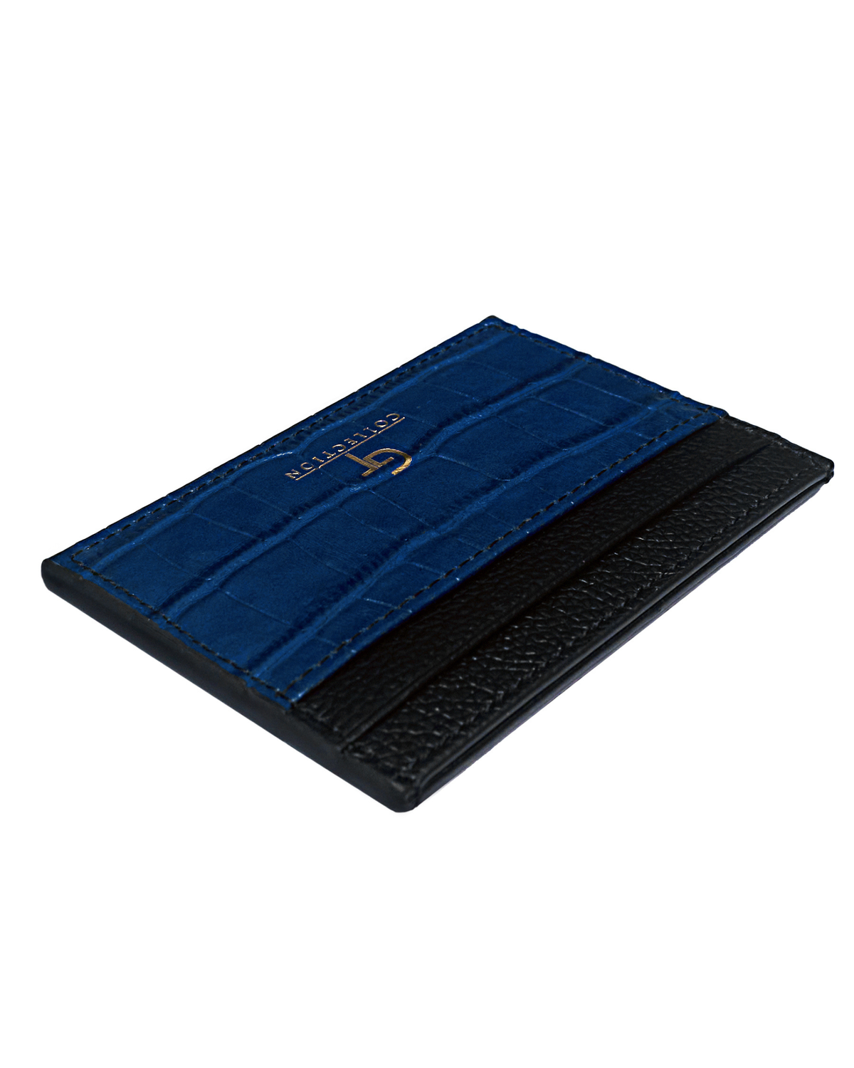 Blue croc-embossed leather card holder open view with black leather backing.