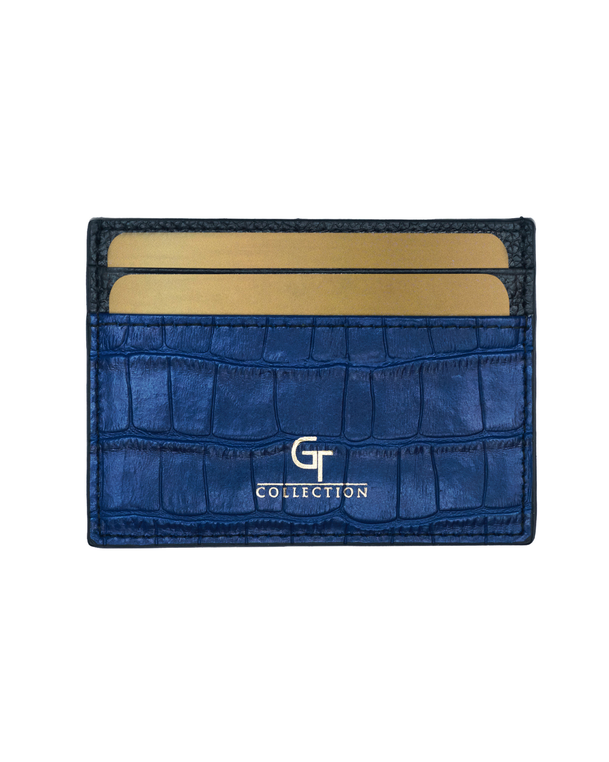 Blue croc-embossed leather card holder with two card slots and front logo. Main image