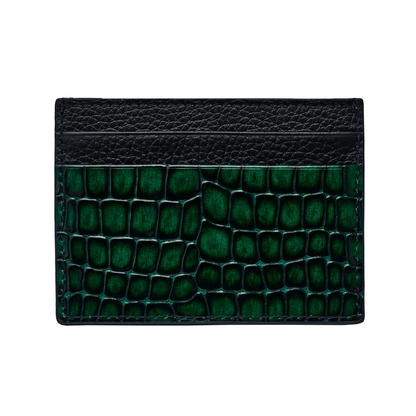 Men's Shiny Croc-Print Card Holder - Green Genuine Leather Men's Shiny Croc-Print Card Holder - Green Genuine Leather