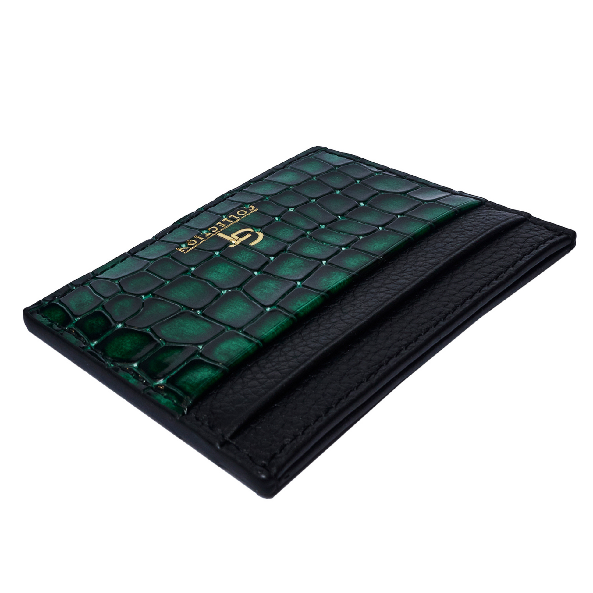 Men's Shiny Croc-Print Card Holder Green Genuine Leather – GT