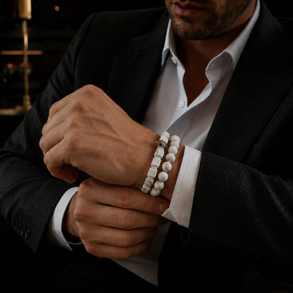 American Eagle Bracelet Stack | Men's White Howlite Bracelet Set with Silver Eagle