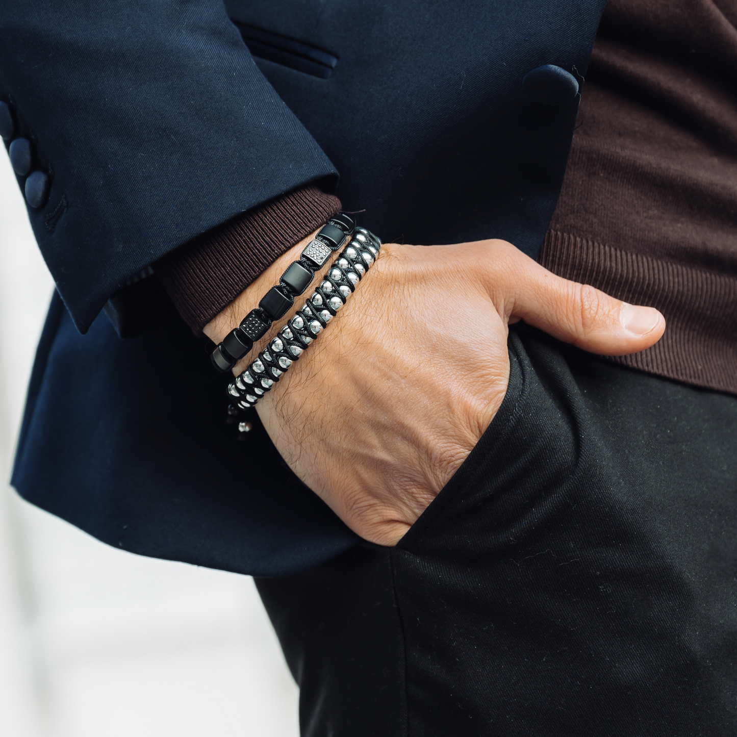 JUEGO DE 2 PIEZAS - Pulsera de cuentas dobles de ÓNIX NEGRO y pulsera de cuentas planas