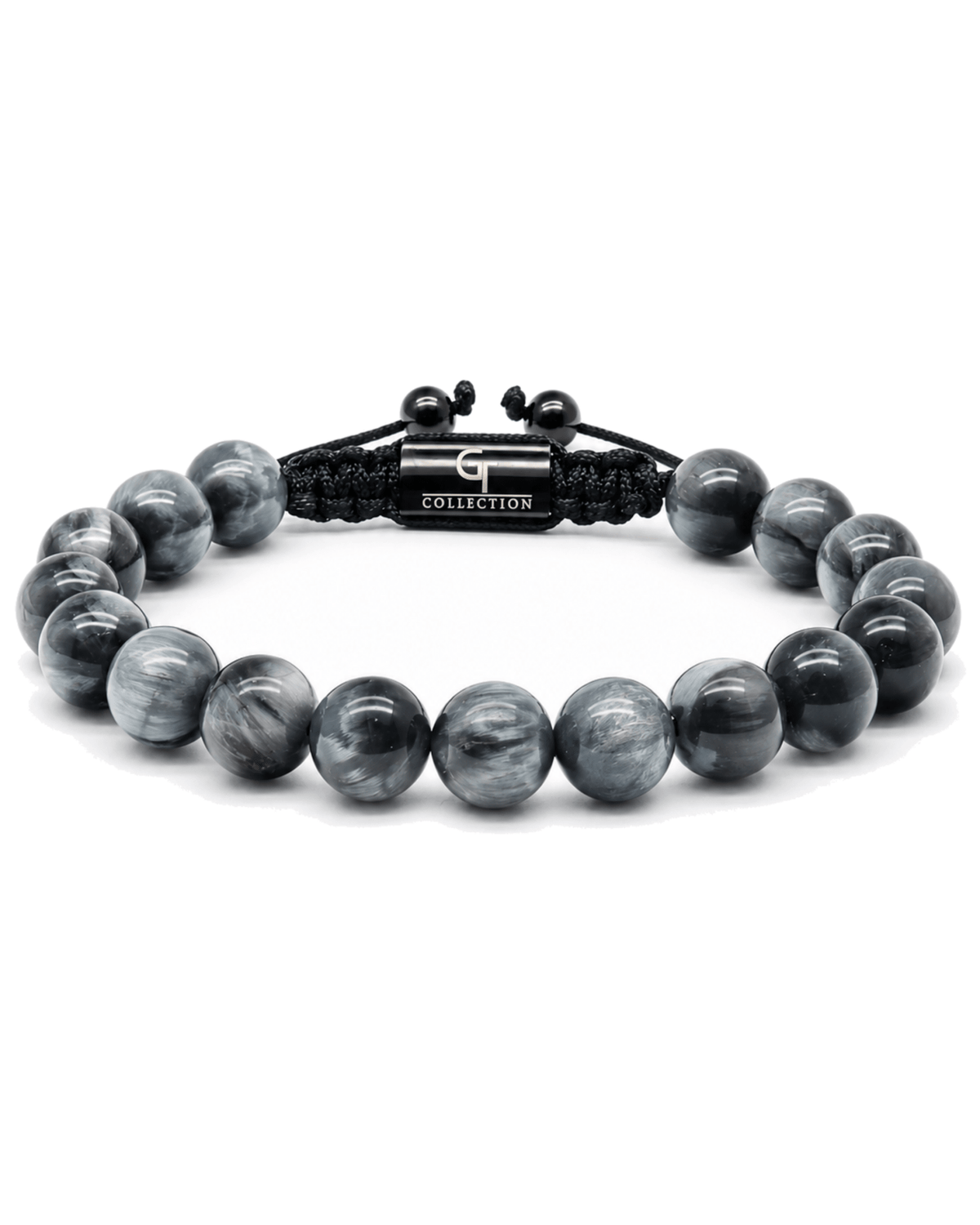 Gray beaded bracelet with black cord center plate and adjustable knot Main image