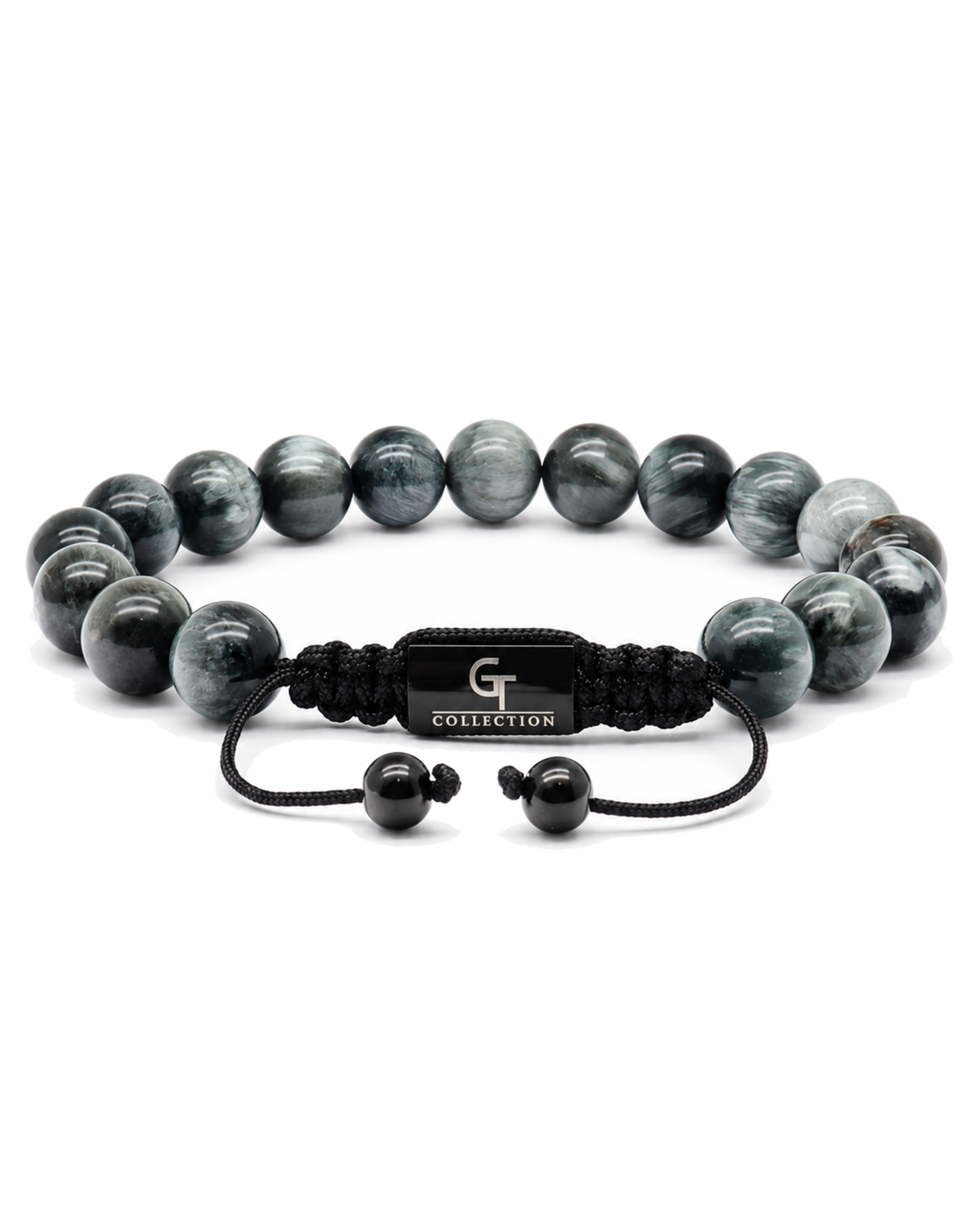 Gray beaded bracelet with black fabric strap, G collection plate, and beads