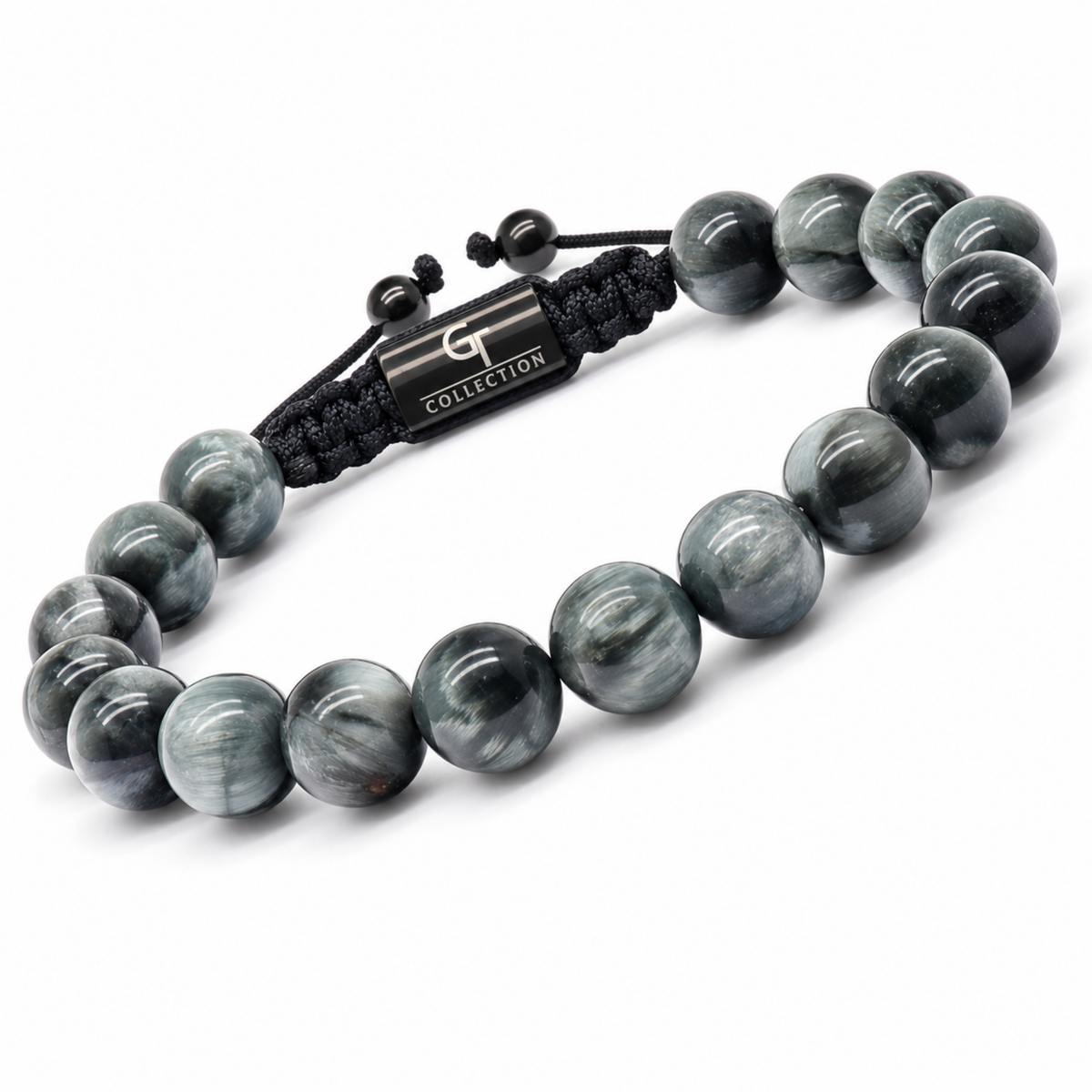 Gray round stone beaded bracelet with black cord and metal tag