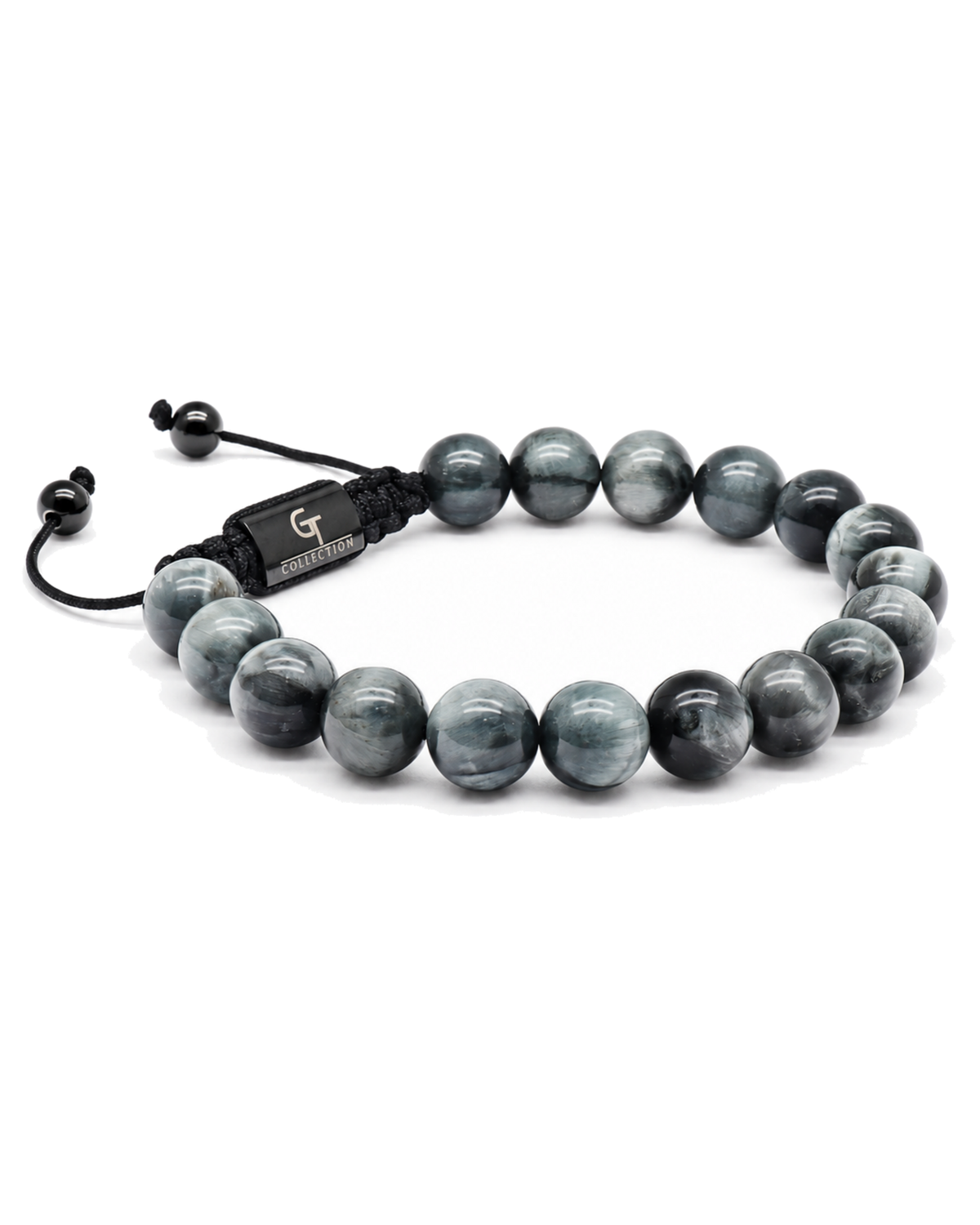 Gray stone beaded bracelet with black cord and adjustable knot