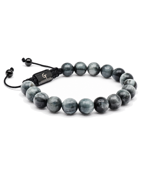 Gray stone beaded bracelet with black cord and adjustable knot