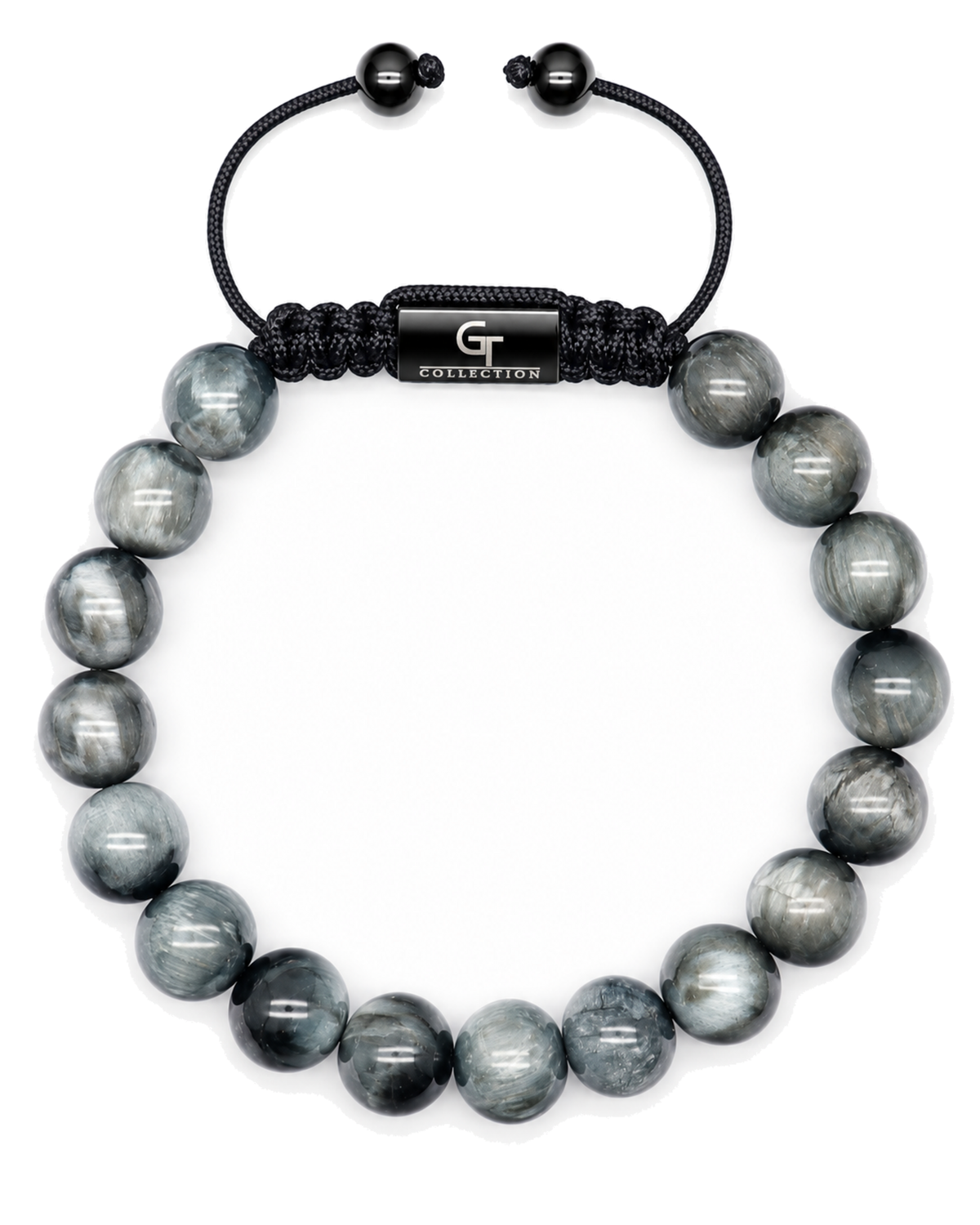 Gray stone beaded bracelet with black cord center plate and two black bead toggles