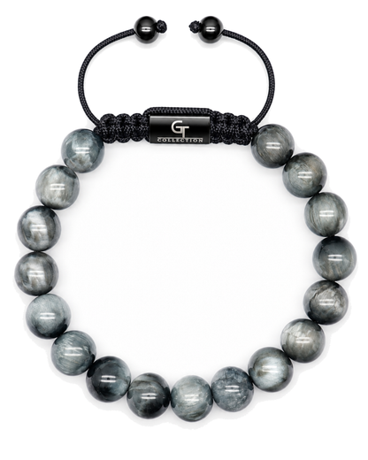 Gray stone beaded bracelet with black cord center plate and two black bead toggles