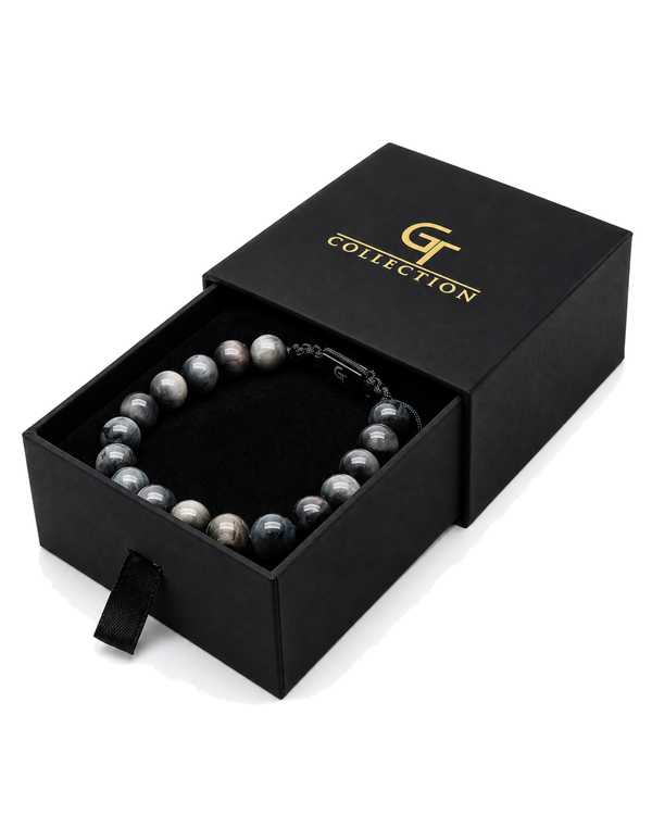 Beaded bracelet in black gift box with gray stone beads and black cord