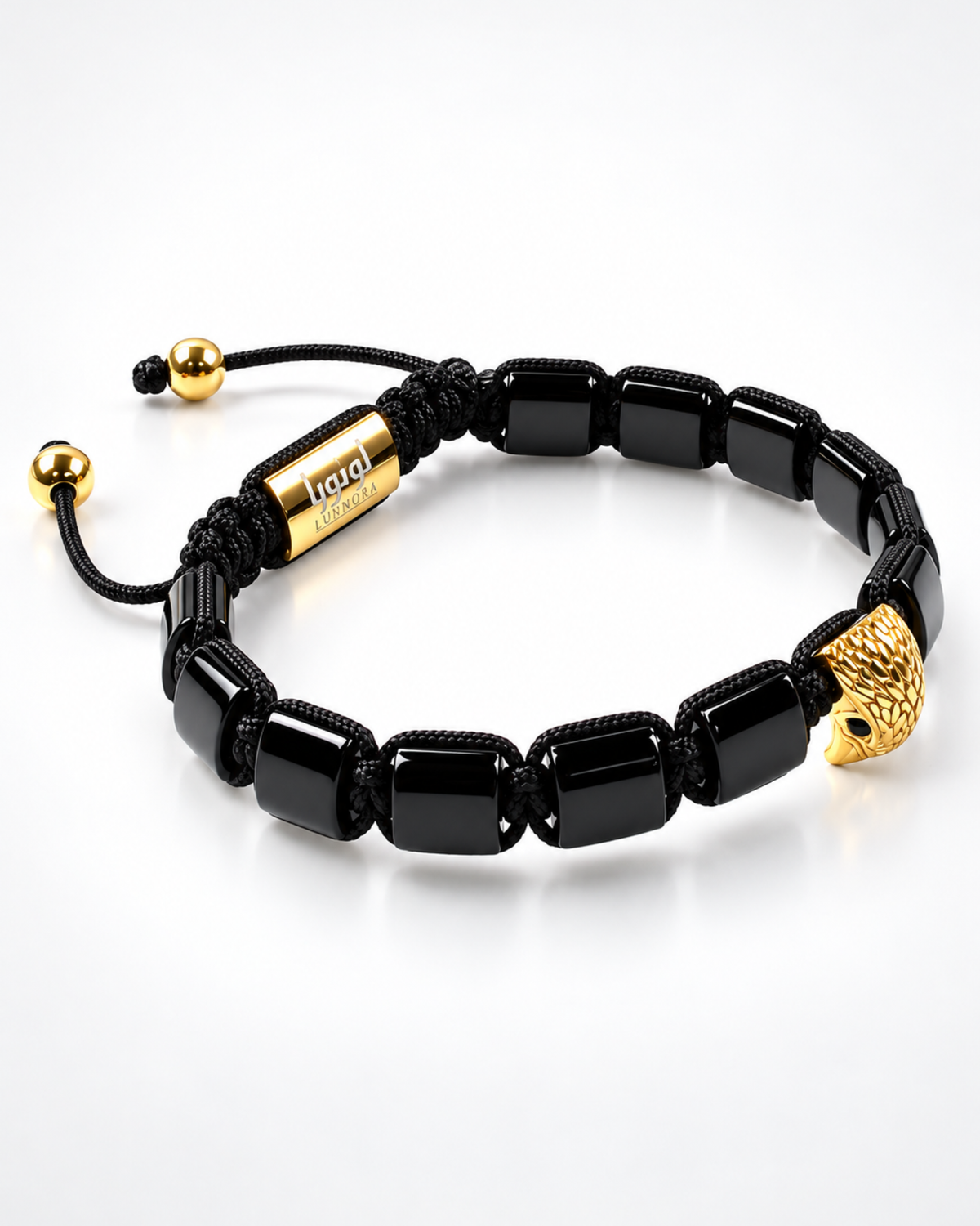 Black braided bracelet with gold-plate accent and glossy black bead link segments