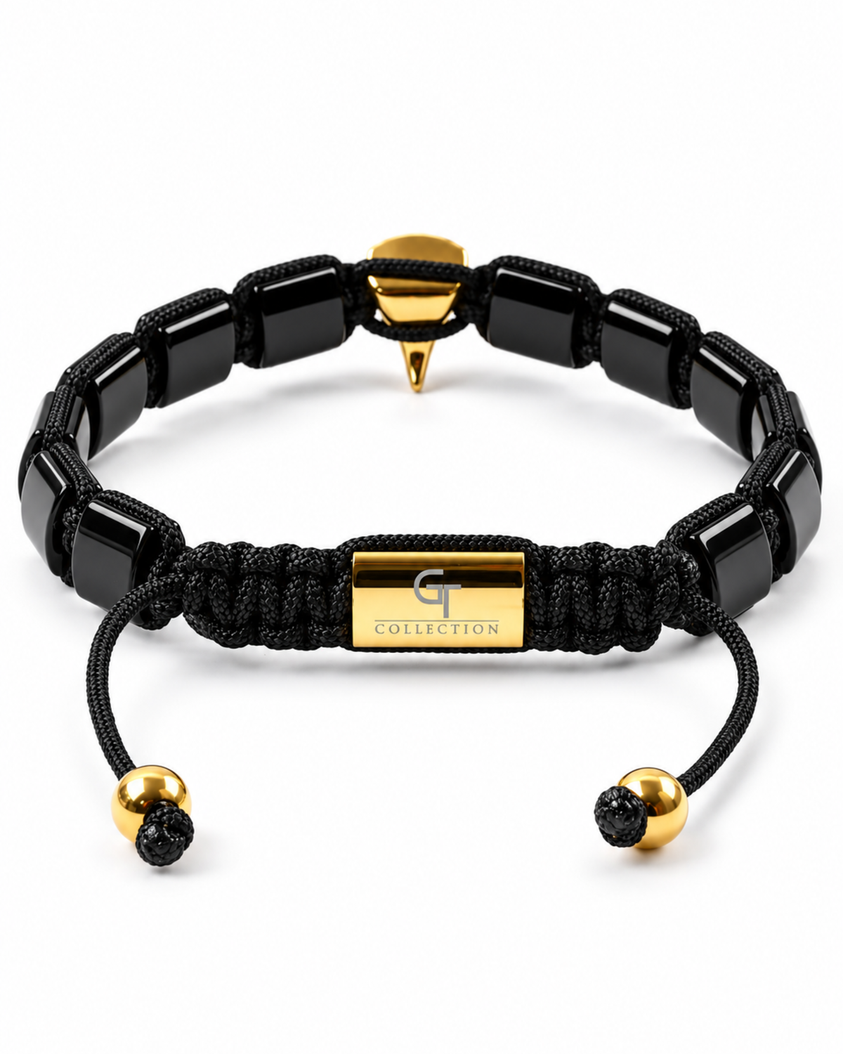Black onyx bracelet with gold accents and adjustable cord closure