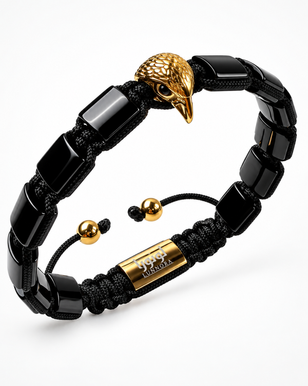 Black braided bracelet with gold eagle head charm and glossy black link bead segments