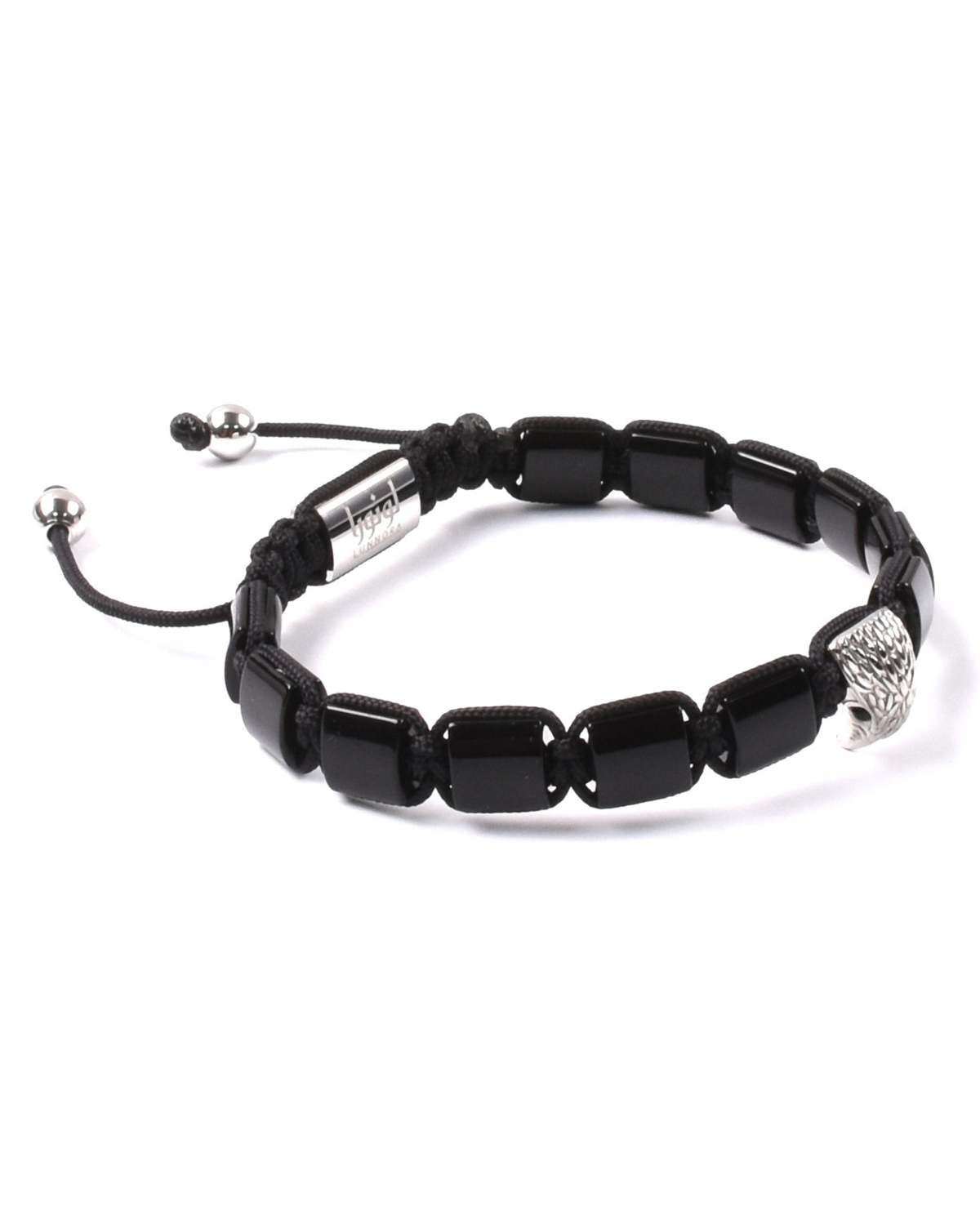 Black beaded bracelet with silver-toned clasp end and woven cord pull tab
