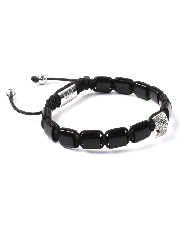 Black beaded bracelet with silver-toned clasp end and woven cord pull tab
