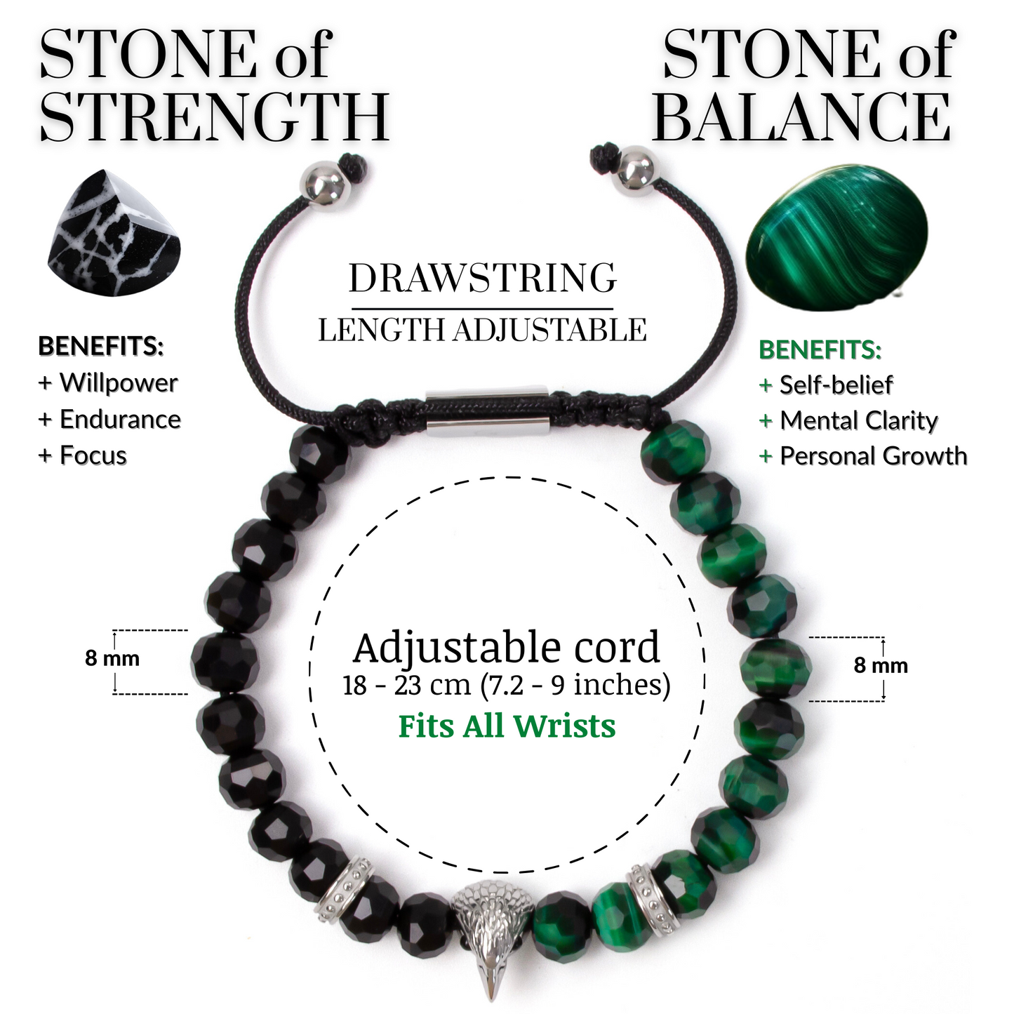 Bracciale AMERICAN EAGLE da uomo con pietra OCCHIO DI TIGRE VERDE, ONICE