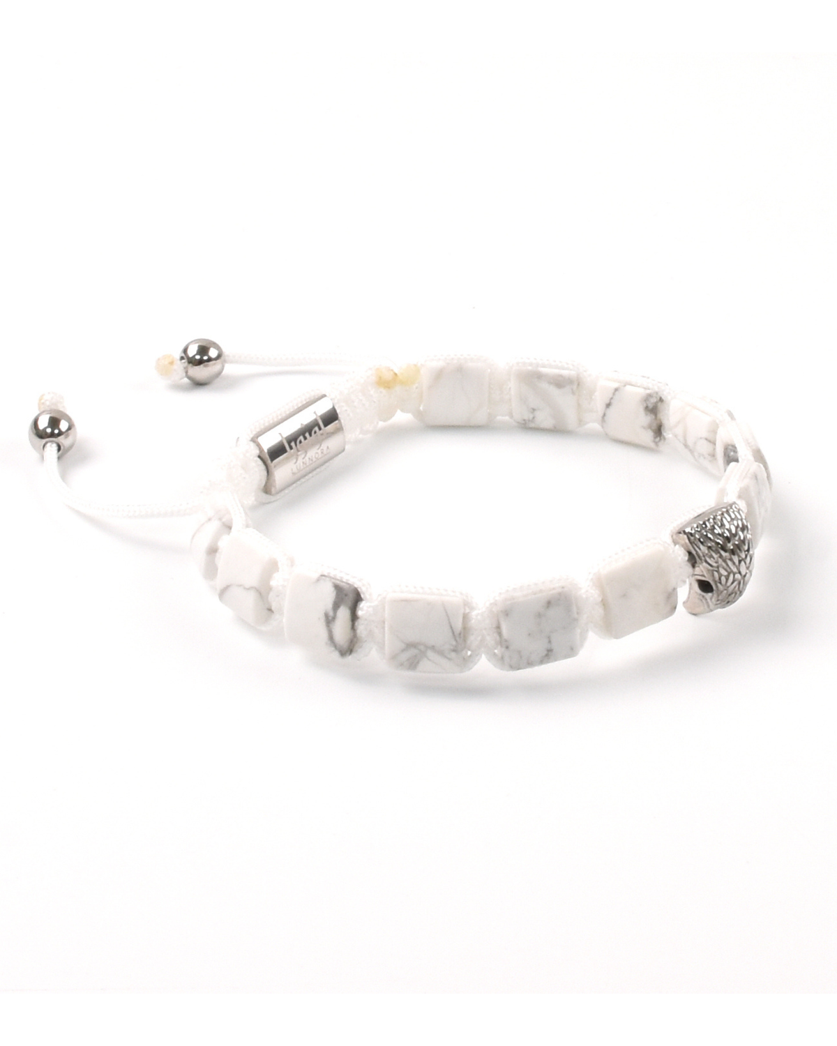 White howlite bead bracelet with silver-tone eagle charm and clasp bar detail