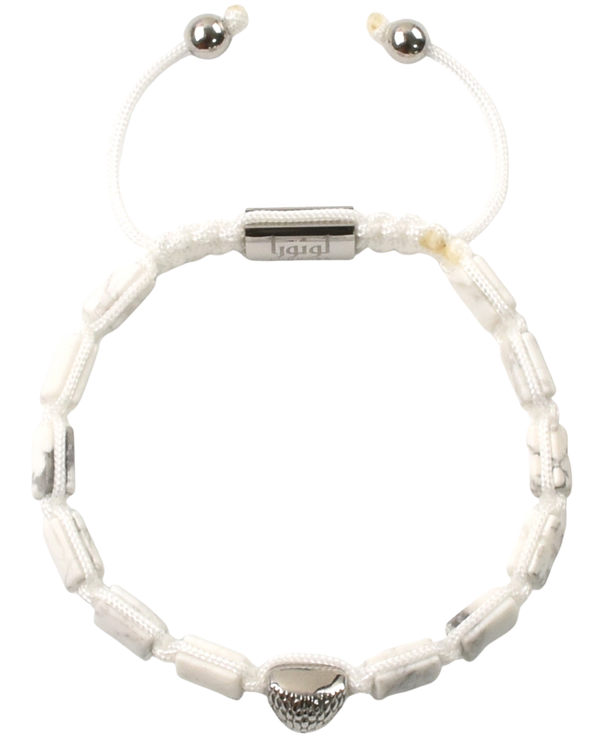 White howlite bead bracelet with silver-tone clasp bar and cord tie ends