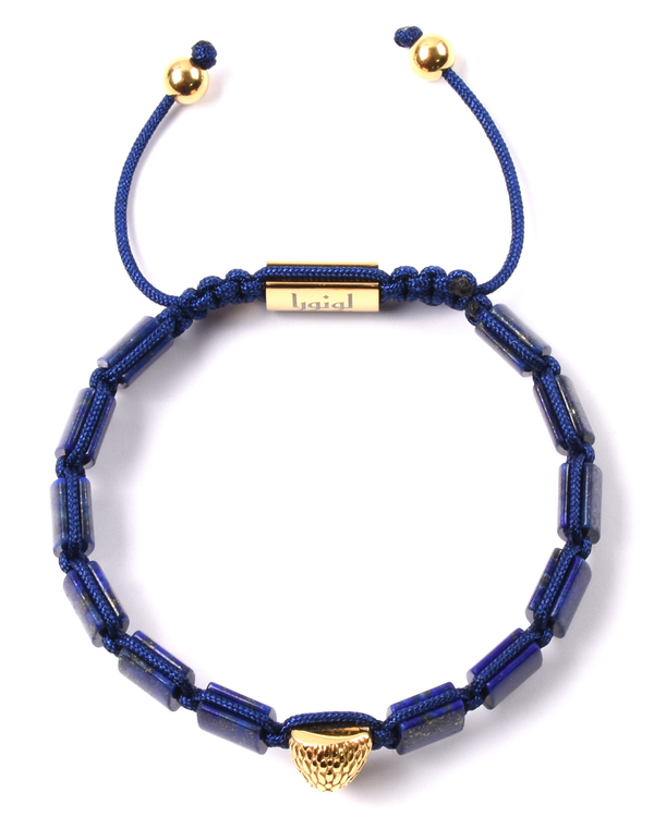 Blue beaded bracelet with gold eagle bottom charm and gold label bar